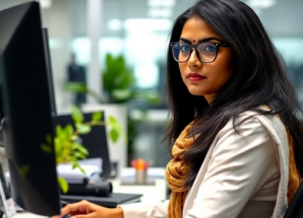 Amaan_Qureshi_The_image_shows_a_modern_Indian_woman_working_at_h_191e013f-822c-461d-a042-301c2ea86c8f